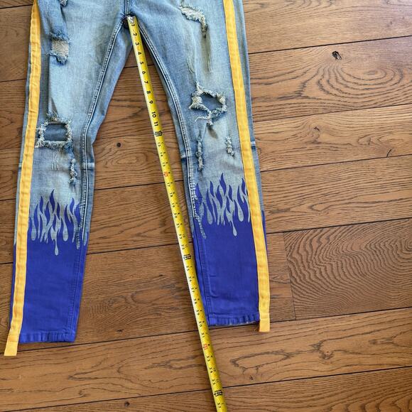 Cooper 9 Men SZ 36 Skinny Distressed Flames Purple Yellow Rocker Streetwear - Picture 7 of 11